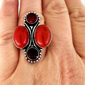 New Coral & Garnet 925 Silver Statement Ring.